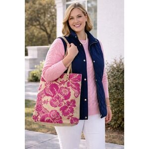 Amy Butler Ginger Tote Bag Tan Pink Floral Canvas Jute Shoulder Bag Damask Berry